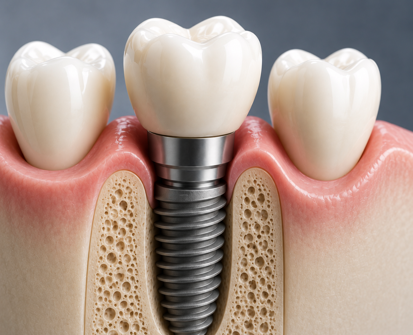 detailed visualization of an implant system showing the implant fixture, abutment, crown, and bone integration
